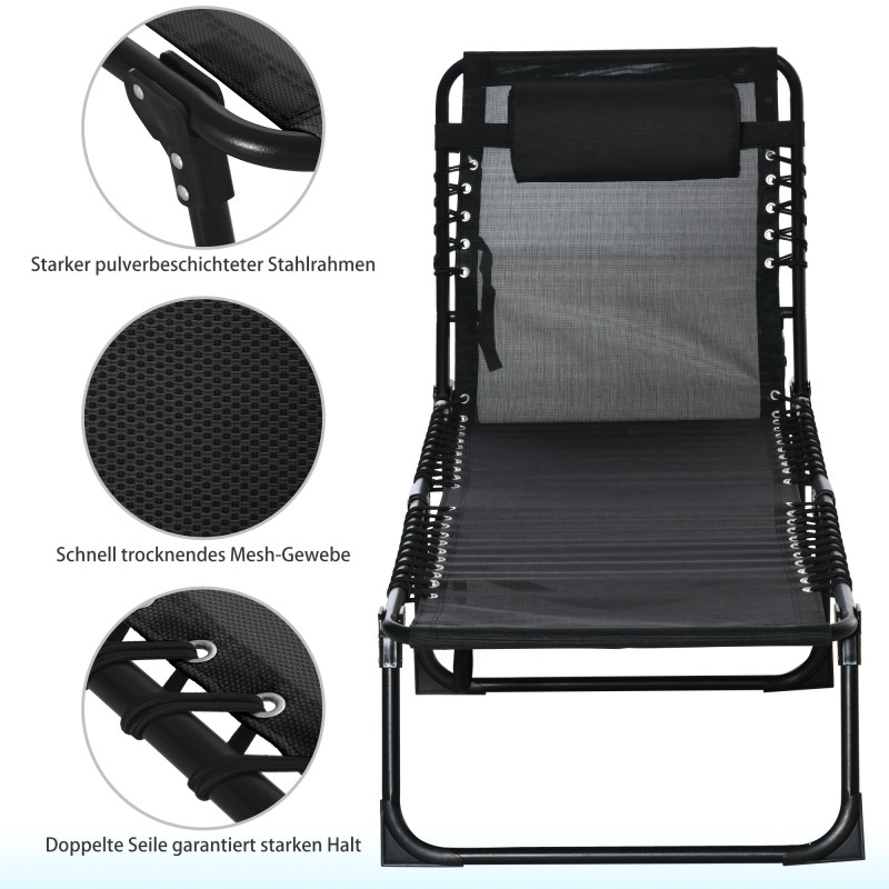 Taittuva lepotuoli ulkokäyttöön, teräsrunko ja hengittävä verkkokangas, 189 x 58 x 30 cm, musta