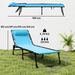 Taitettava aurinkotuoli ulkokäyttöön, teräsrunko ja hengittävä verkkokangas, 189 x 58 x 30 cm, sininen