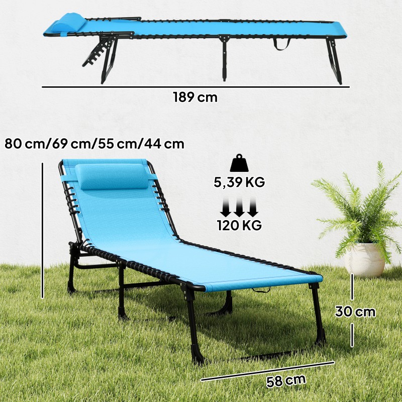Taitettava aurinkotuoli ulkokäyttöön, teräsrunko ja hengittävä verkkokangas, 189 x 58 x 30 cm, sininen
