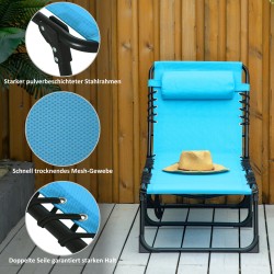 Taitettava aurinkotuoli ulkokäyttöön, teräsrunko ja hengittävä verkkokangas, 189 x 58 x 30 cm, sininen