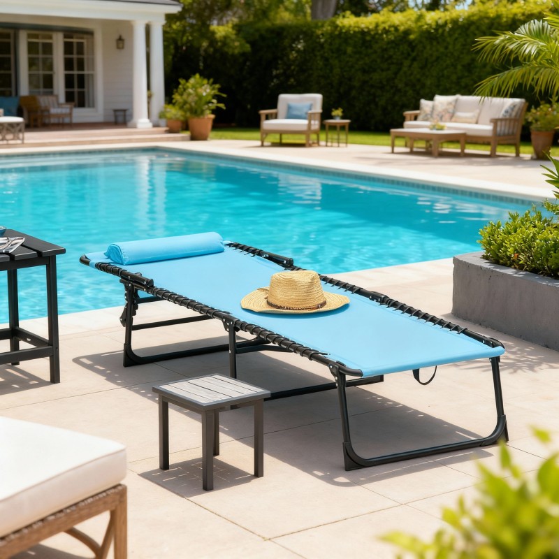 Taitettava aurinkotuoli ulkokäyttöön, teräsrunko ja hengittävä verkkokangas, 189 x 58 x 30 cm, sininen