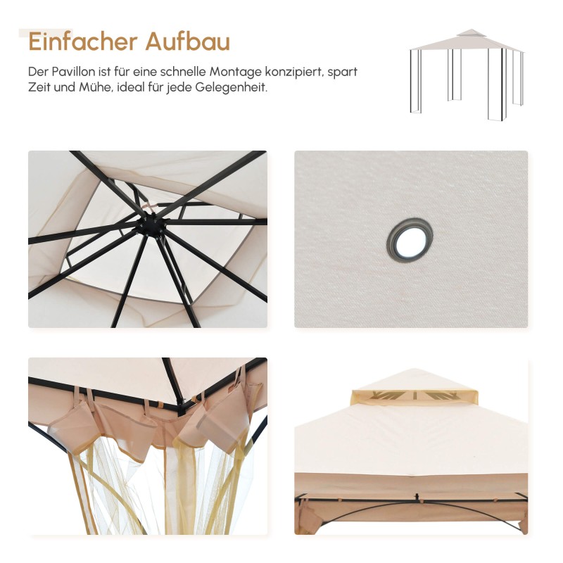 Pihateltta puutarhaan metallirungolla 295 x 295 x 275 cm, vedenpitävä katto, beige/musta