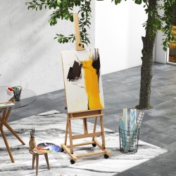 Maalausteline taiteilijoille, pyökkipuuta, korkeussäädettävä, 4 pyörää, natur/musta