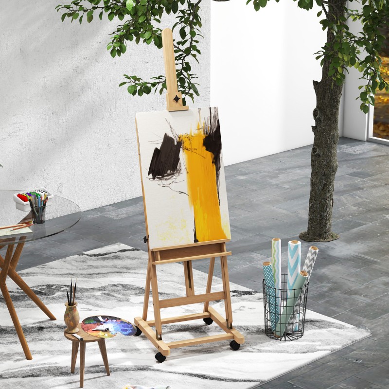 Maalausteline taiteilijoille, pyökkipuuta, korkeussäädettävä, 4 pyörää, natur/musta