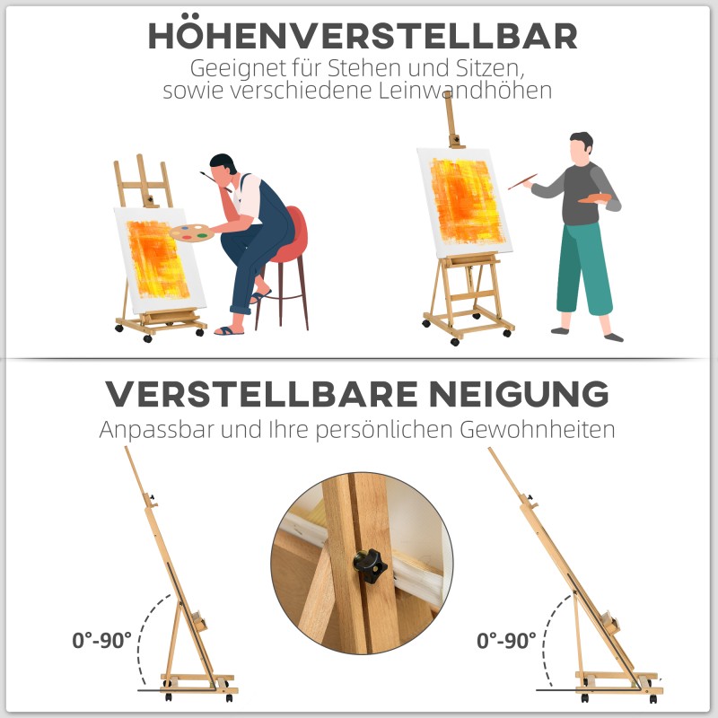 Maalausteline taiteilijoille, pyökkipuuta, korkeussäädettävä, 4 pyörää, natur/musta