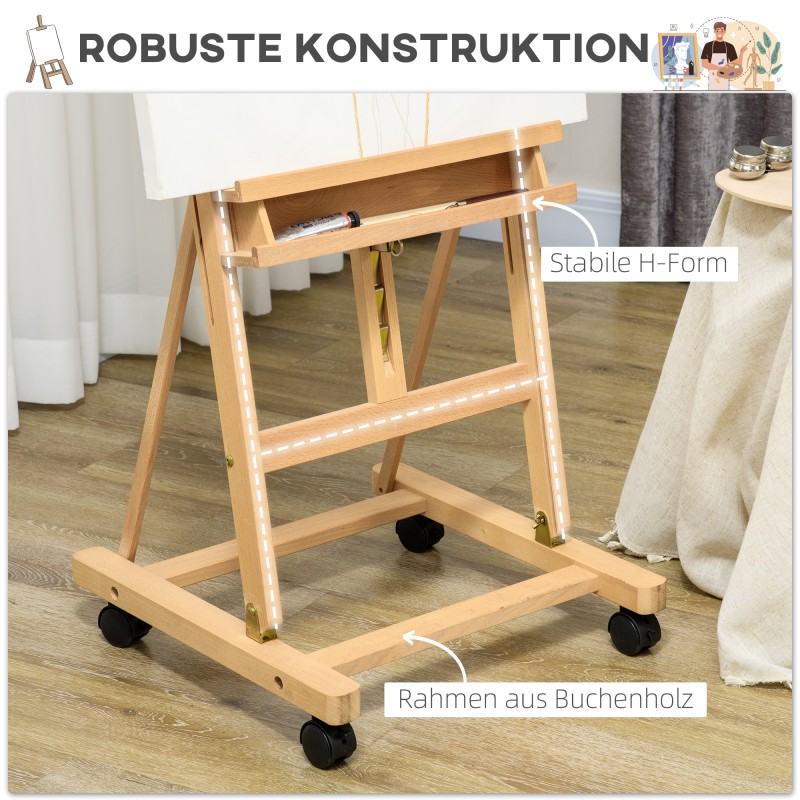 Maalausteline taiteilijoille, pyökkipuuta, korkeussäädettävä, 4 pyörää, natur/musta