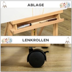 Maalausteline taiteilijoille, pyökkipuuta, korkeussäädettävä, 4 pyörää, natur/musta