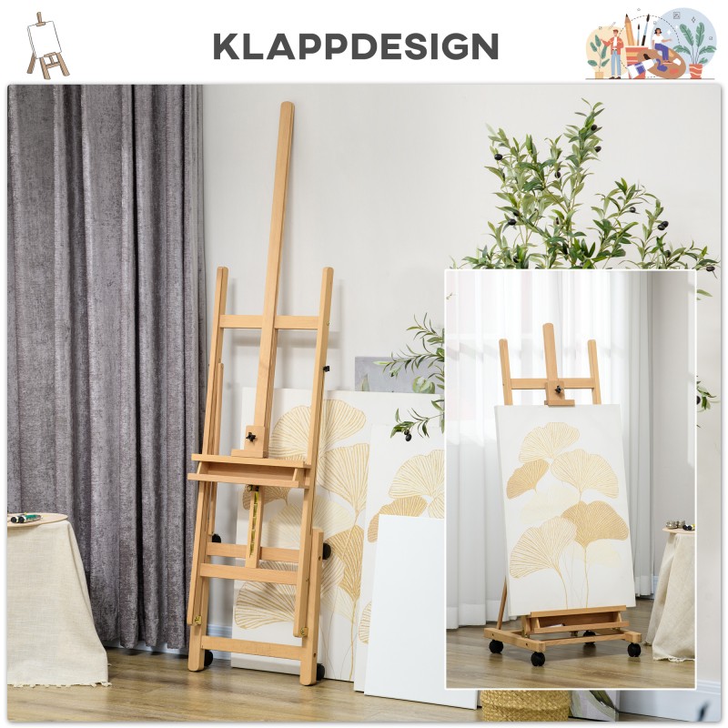 Maalausteline taiteilijoille, pyökkipuuta, korkeussäädettävä, 4 pyörää, natur/musta