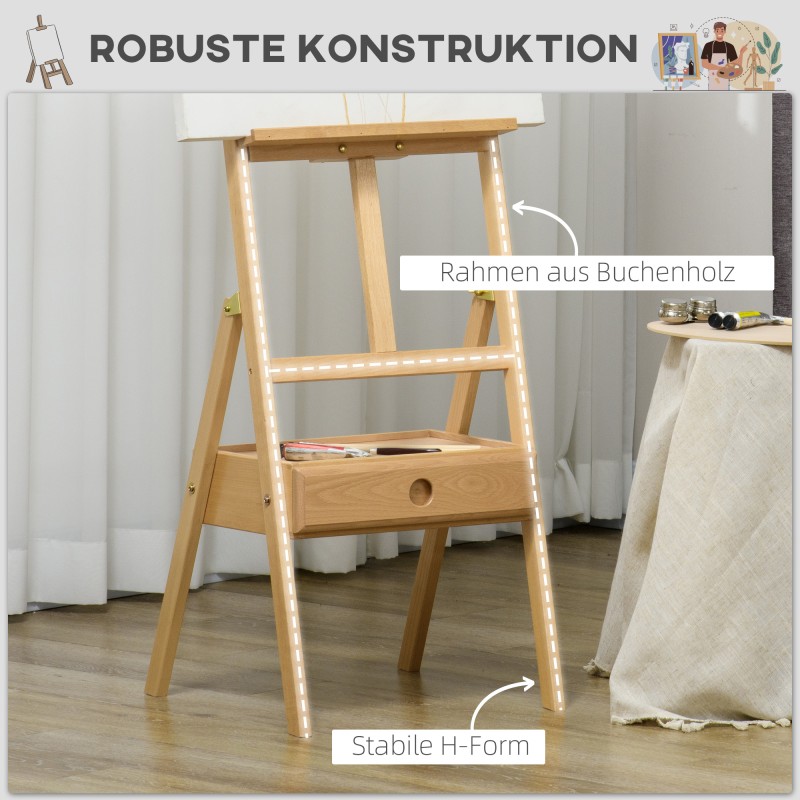 Maalausteline taiteilijalle, säädettävä pyökkipuinen kolmijalkainen teline laatikolla, natur/musta