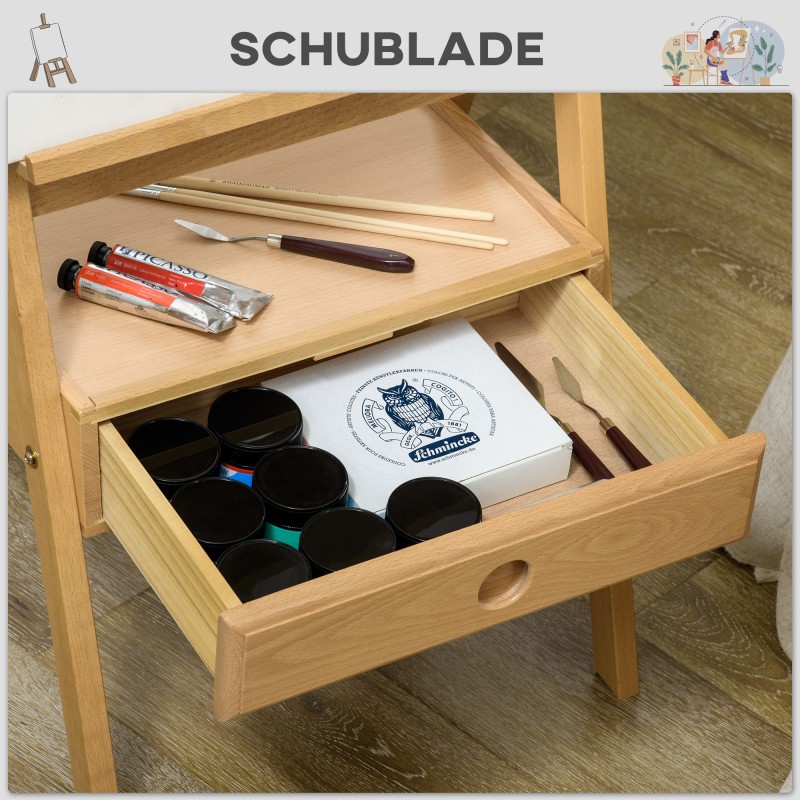 Maalausteline taiteilijalle, säädettävä pyökkipuinen kolmijalkainen teline laatikolla, natur/musta