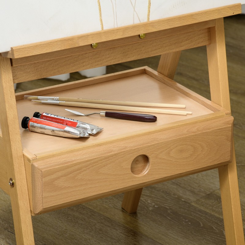 Maalausteline taiteilijalle, säädettävä pyökkipuinen kolmijalkainen teline laatikolla, natur/musta