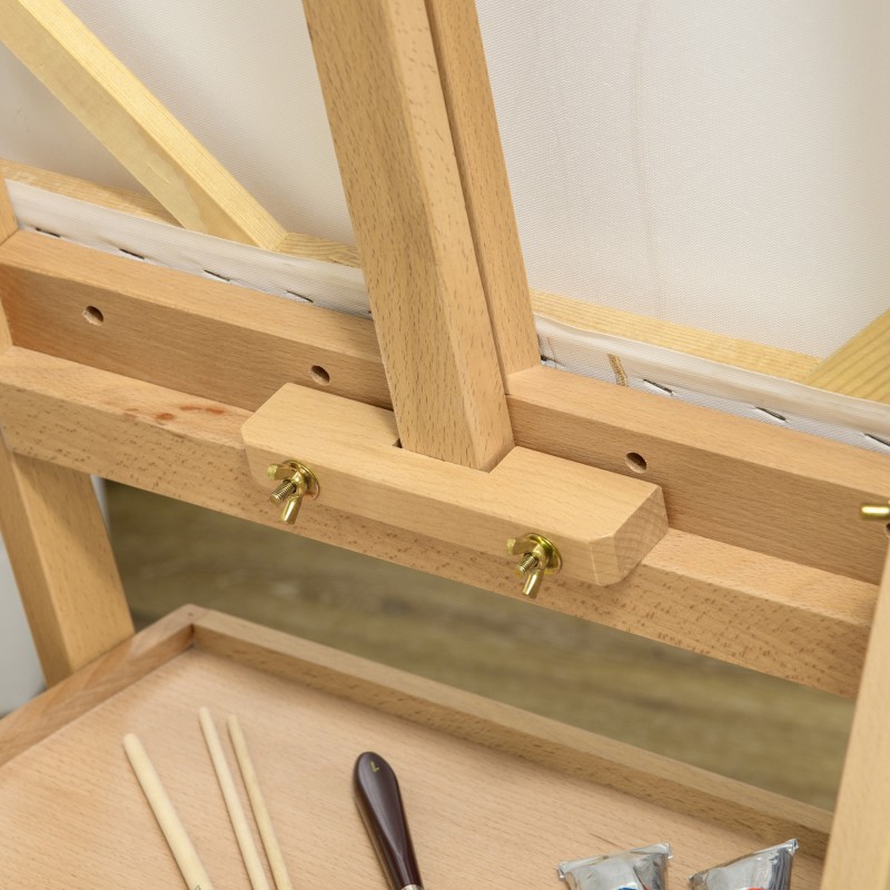 Maalausteline taiteilijalle, säädettävä pyökkipuinen kolmijalkainen teline laatikolla, natur/musta