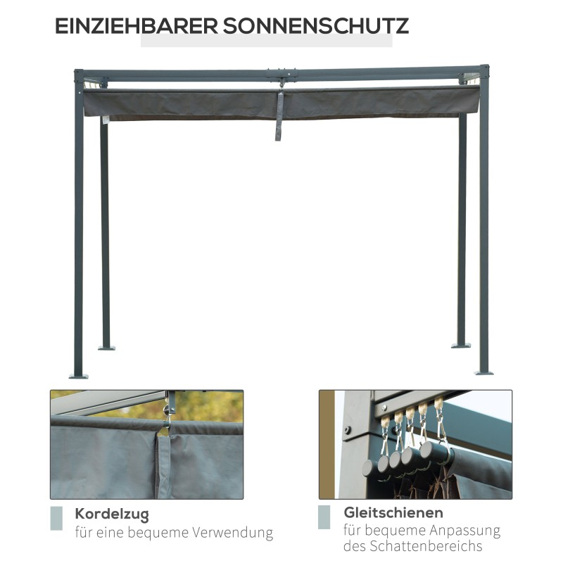 Pergola terassille ja puutarhaan 3 x 2 m, teräsrunko ja säädettävä kattokangas, harmaa