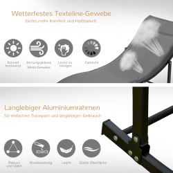 2 kpl puutarhan lepotuoli ulkokäyttöön, alumiini ja Texteline, taittuva, 165 x 61 x 63 cm, tummanharmaa