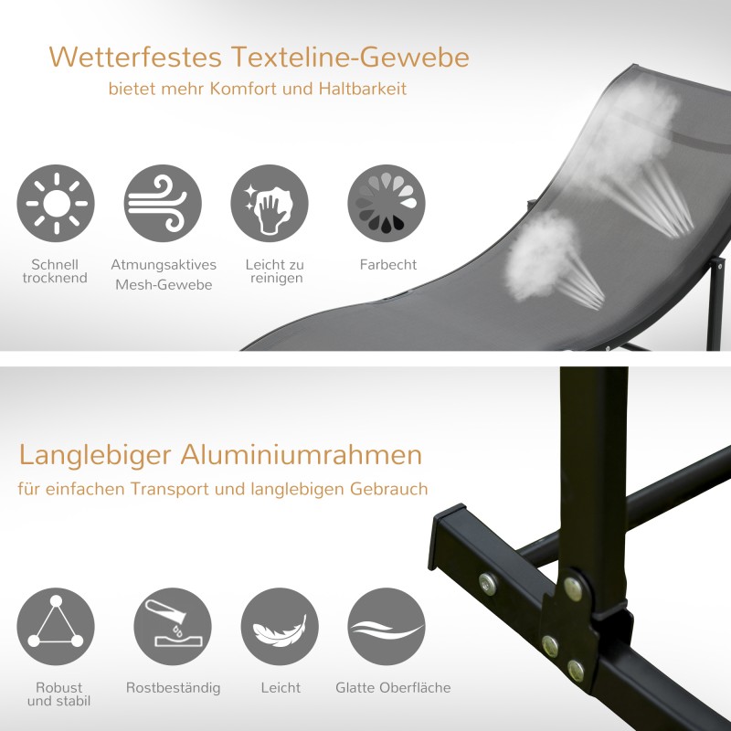 2 kpl puutarhan lepotuoli ulkokäyttöön, alumiini ja Texteline, taittuva, 165 x 61 x 63 cm, tummanharmaa