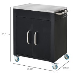 Keittiö-/tarjoiluvaunu pyörillä, terästaso ja kaappi, metalli/ruostumaton teräs, 86 x 50 x 86,5 cm, musta