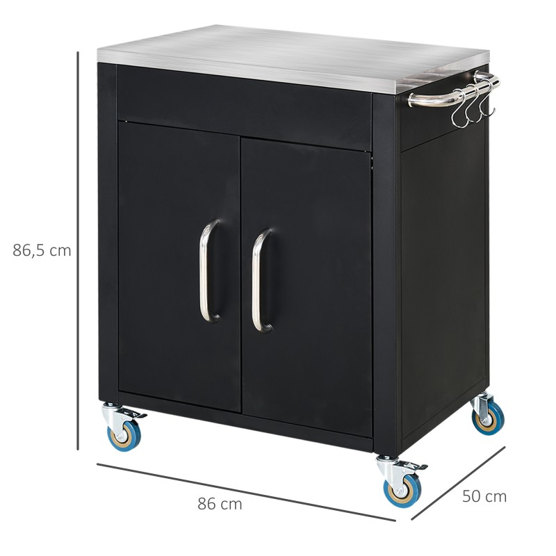 Keittiö-/tarjoiluvaunu pyörillä, terästaso ja kaappi, metalli/ruostumaton teräs, 86 x 50 x 86,5 cm, musta