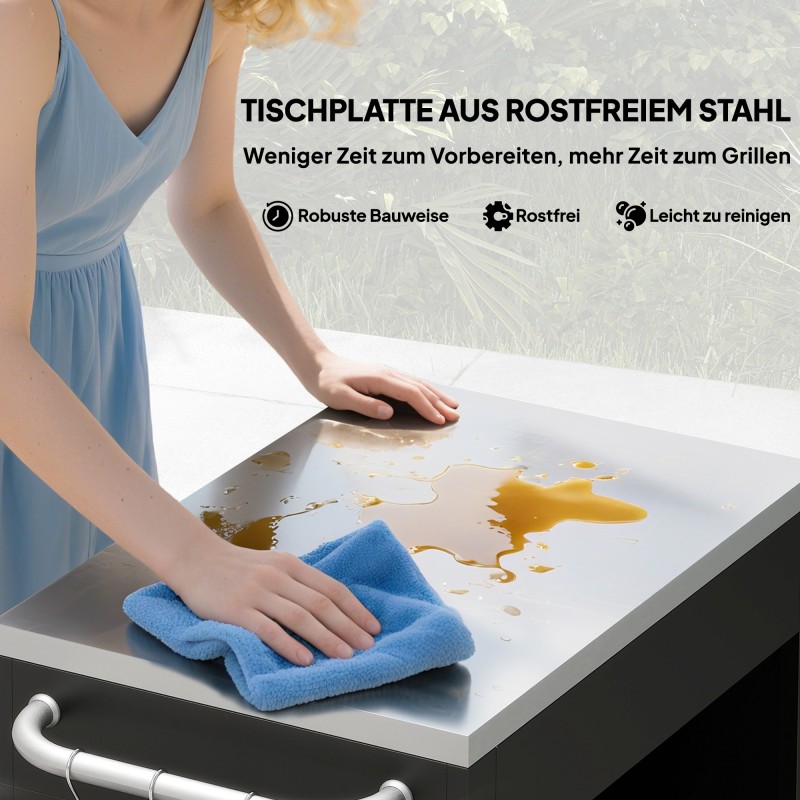 Keittiö-/tarjoiluvaunu pyörillä, terästaso ja kaappi, metalli/ruostumaton teräs, 86 x 50 x 86,5 cm, musta