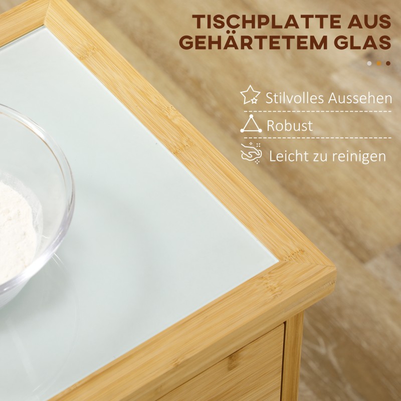 Keittiövaunu bambusta lasitasolla, 2 laatikkoa, kaappi ja 2 hyllyä, luonnonvärinen, 84 x 36 x 85 cm