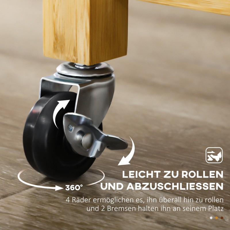 Keittiövaunu bambusta lasitasolla, 2 laatikkoa, kaappi ja 2 hyllyä, luonnonvärinen, 84 x 36 x 85 cm