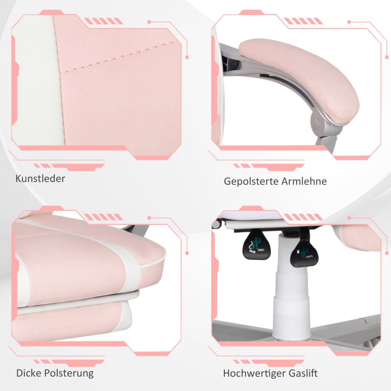 Pelituoli jalkatuella ja niska- ja lannetyynyillä, keinonahkaa, vaaleanpunainen