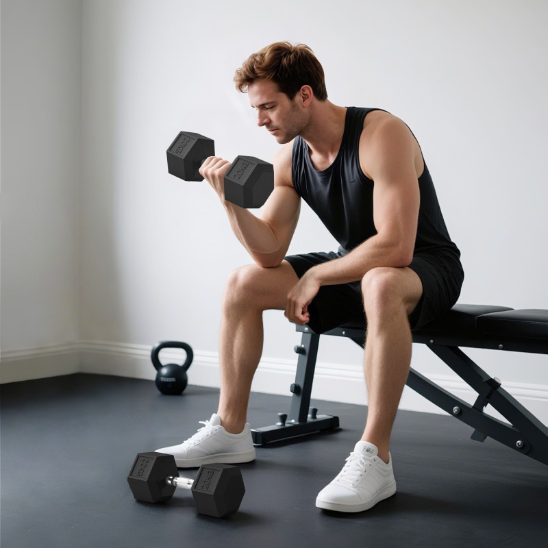 Käsipainosarja voimaharjoitteluun, valurauta, kumipäällyste, rihlattu kahva, 2 x 20 kg, musta