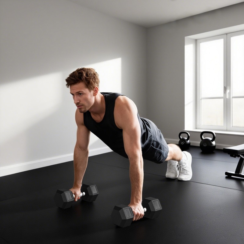 Käsipainosarja voimaharjoitteluun, valurauta, kumipäällyste, rihlattu kahva, 2 x 20 kg, musta