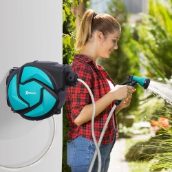 Seinäasenteinen letkukela puutarhaletkulla 10 m, automaattinen kelautus, 180° kääntyvä, vihreä/musta