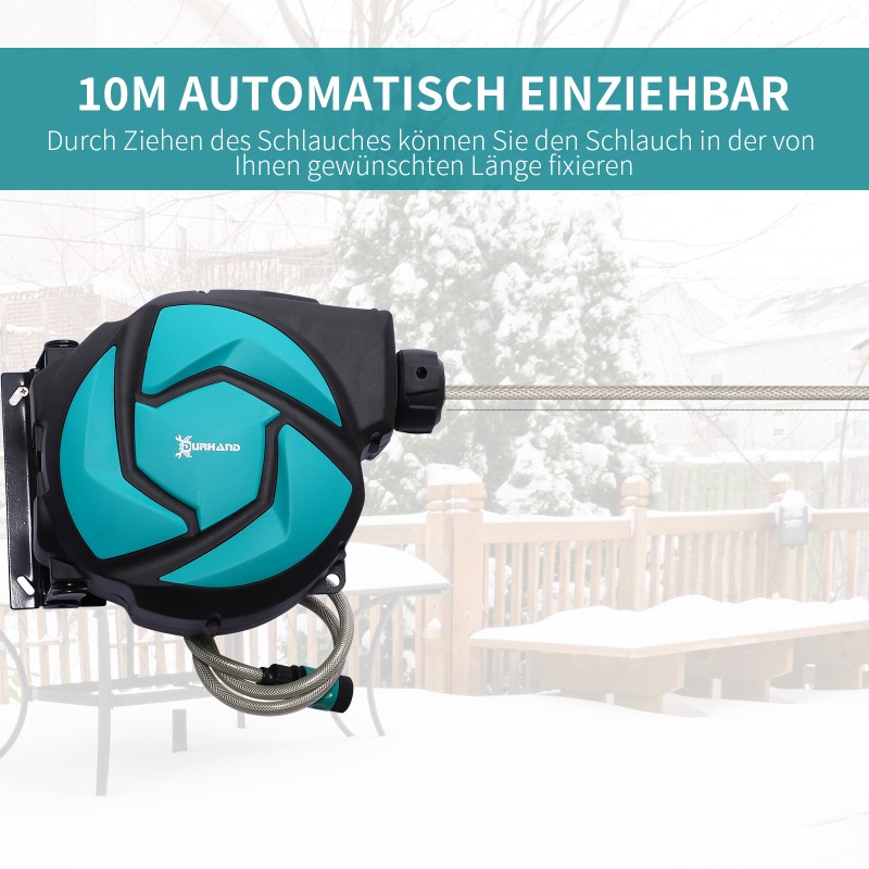 Seinäasenteinen letkukela puutarhaletkulla 10 m, automaattinen kelautus, 180° kääntyvä, vihreä/musta