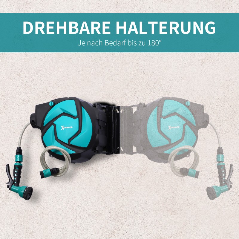 Seinäasenteinen letkukela puutarhaletkulla 10 m, automaattinen kelautus, 180° kääntyvä, vihreä/musta