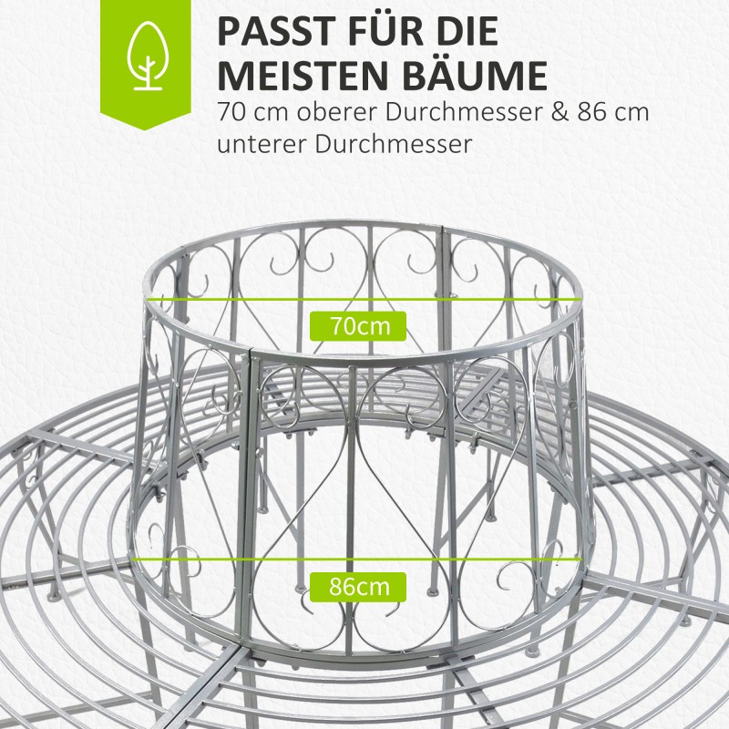 Metallinen pyöreä puunympäryspenkki puutarhaan 360° selkänojalla ∅160 cm, hopea