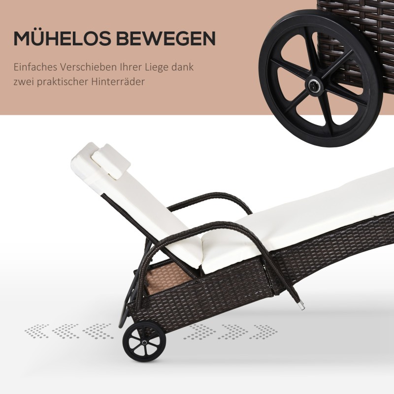 Aurinkotuoli puutarhaan polyrattan, 5-asentoinen selkänoja, pehmuste ja tyyny, 200x73x30–103 cm, kahvinruskea