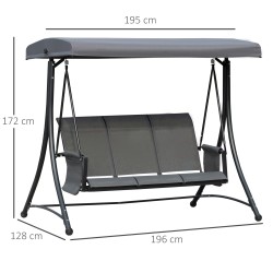3-hengen puutarhakeinu säädettävällä aurinkokatoksella ja sivutaskuilla, metalli, 196 x 128 x 172 cm, tummanharmaa/musta