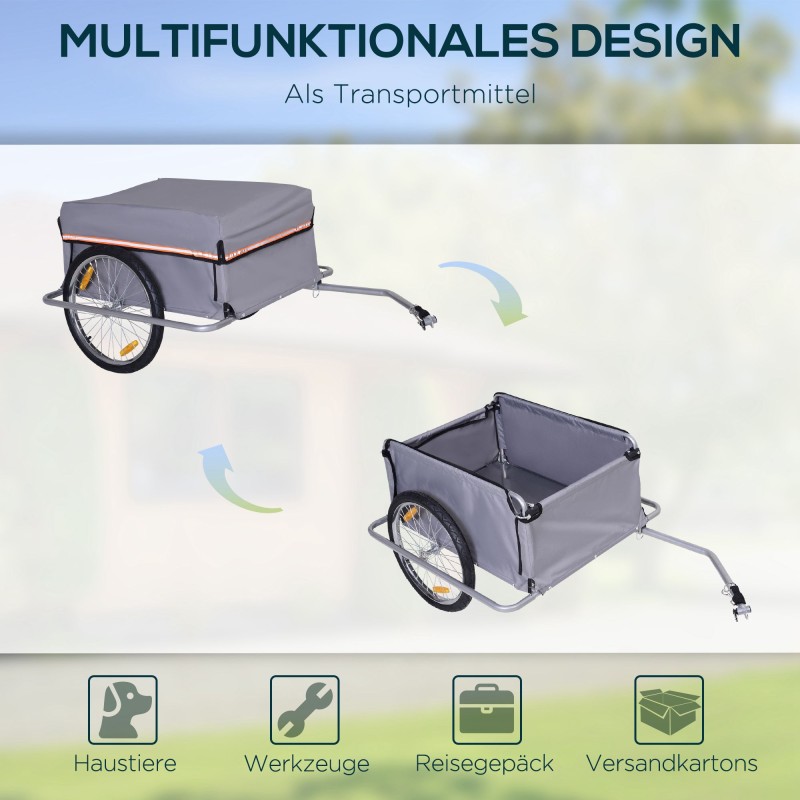 Polkupyörän tavaraperäkärry kokoontaitettava teräsrunko 140 x 88 x 60 cm 40 kg harmaa/musta