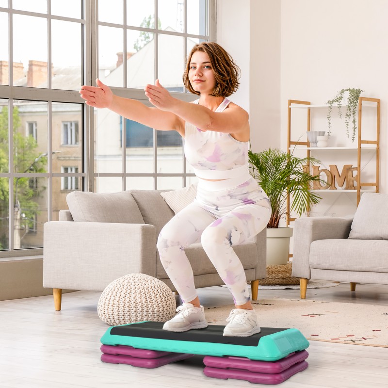 Korkeussäädettävä stepperi 10/15/20 cm, max 150 kg, PVC/PP, 110x40 cm, musta/vihreä/violetti