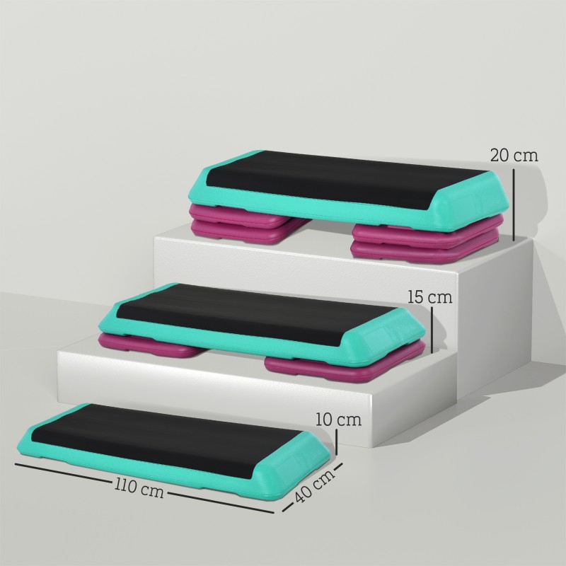 Korkeussäädettävä stepperi 10/15/20 cm, max 150 kg, PVC/PP, 110x40 cm, musta/vihreä/violetti