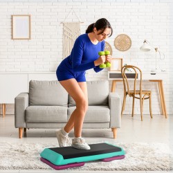 Korkeussäädettävä stepperi 10/15/20 cm, max 150 kg, PVC/PP, 110x40 cm, musta/vihreä/violetti