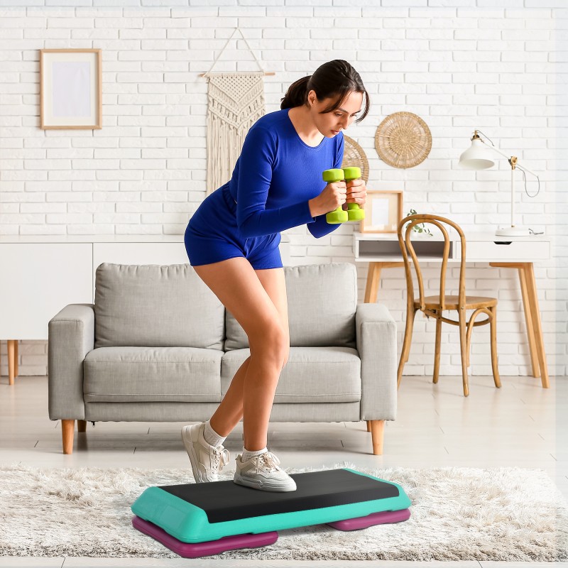 Korkeussäädettävä stepperi 10/15/20 cm, max 150 kg, PVC/PP, 110x40 cm, musta/vihreä/violetti