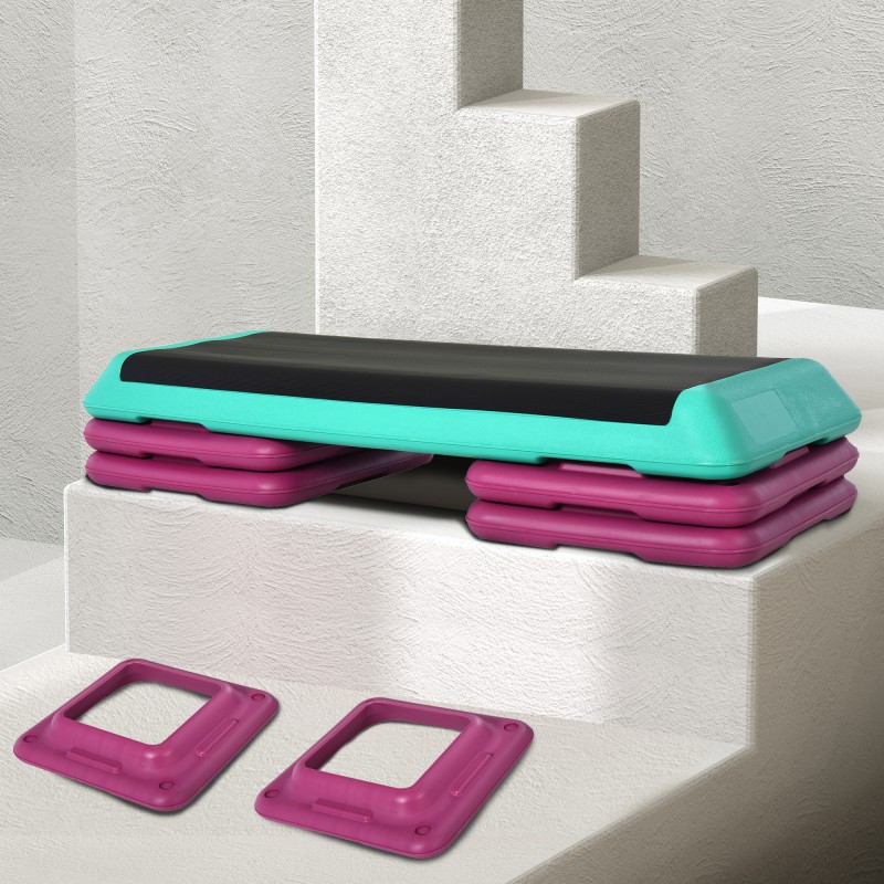 Korkeussäädettävä stepperi 10/15/20 cm, max 150 kg, PVC/PP, 110x40 cm, musta/vihreä/violetti