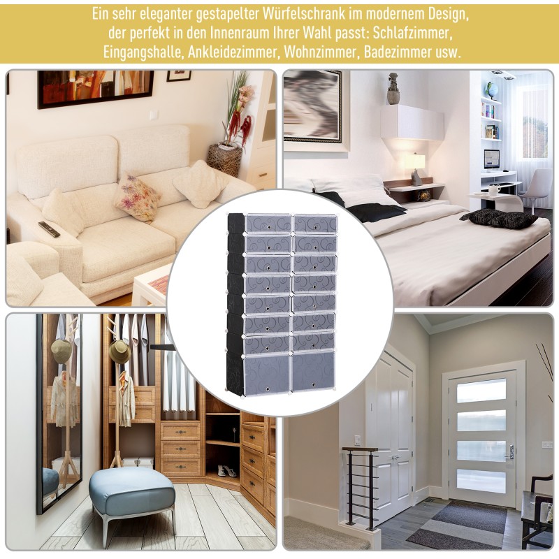 Kenkäsäilytysjärjestelmä 16 laatikkoa, modulaarinen, muovi/metalli, pinottava, musta-valkoinen