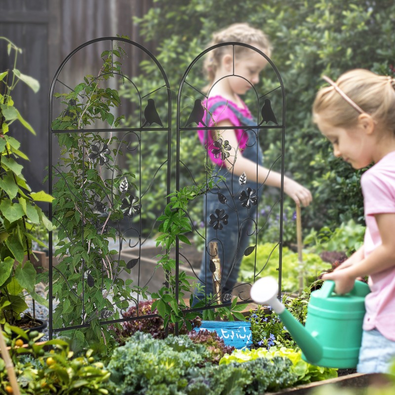 Metallinen köynnöstuki puutarhaan 38 x 98 cm, 2 kpl, musta, lintu- ja apilakoristeet