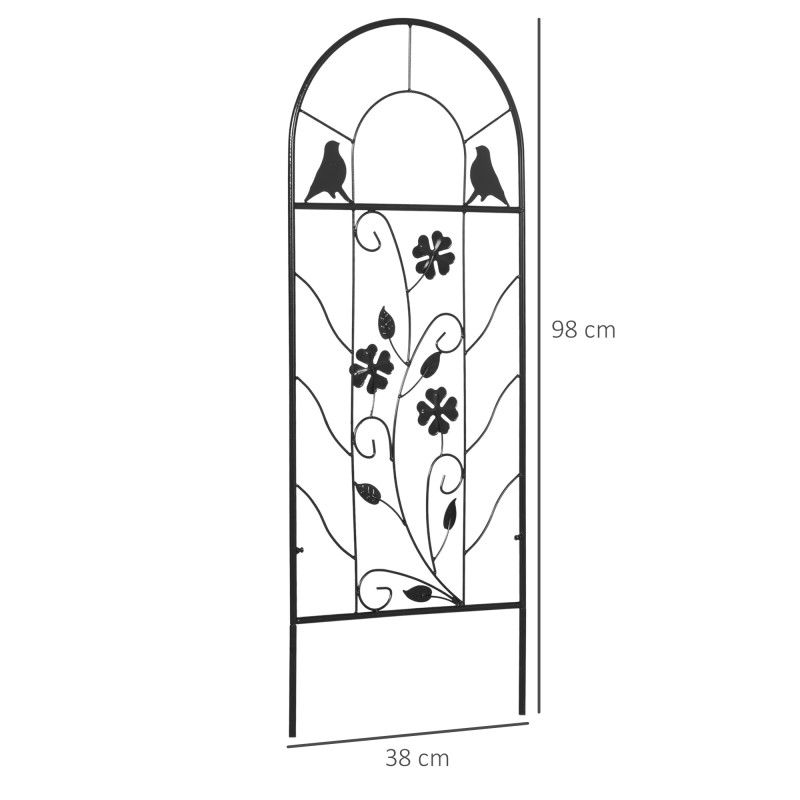 Metallinen köynnöstuki puutarhaan 38 x 98 cm, 2 kpl, musta, lintu- ja apilakoristeet