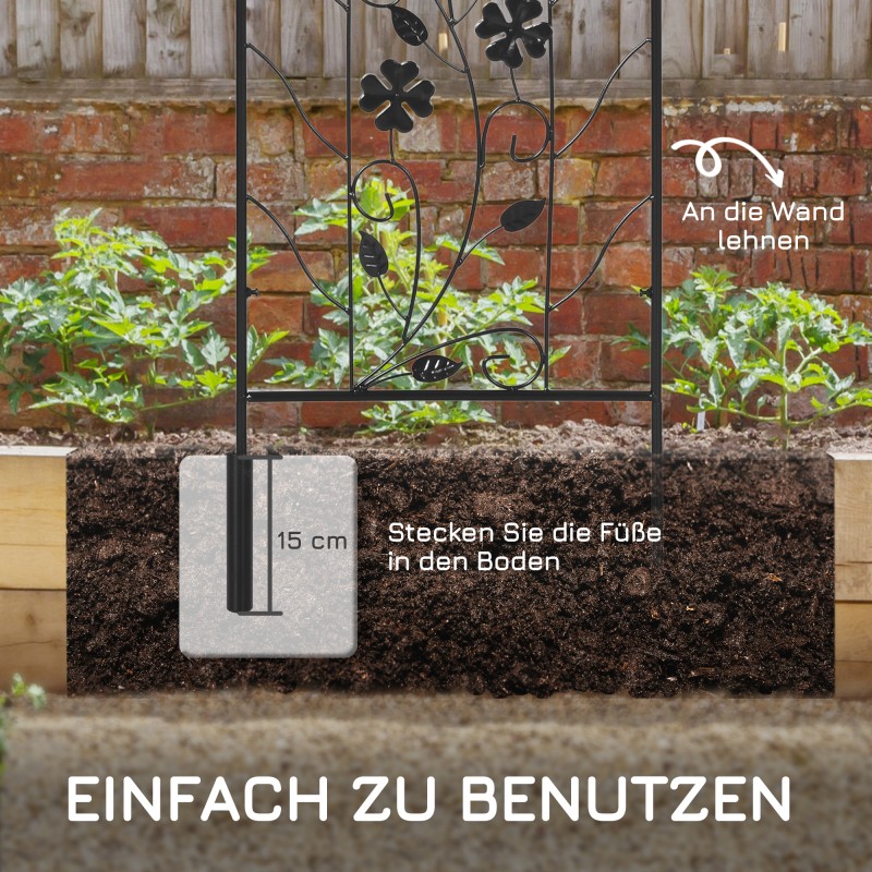 Metallinen köynnöstuki puutarhaan 38 x 98 cm, 2 kpl, musta, lintu- ja apilakoristeet