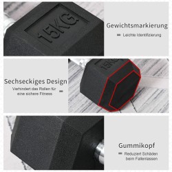 Käsipaino kuusikulmainen 15 kg, kumipäällysteinen valurauta, rihloitettu metallikahva, musta