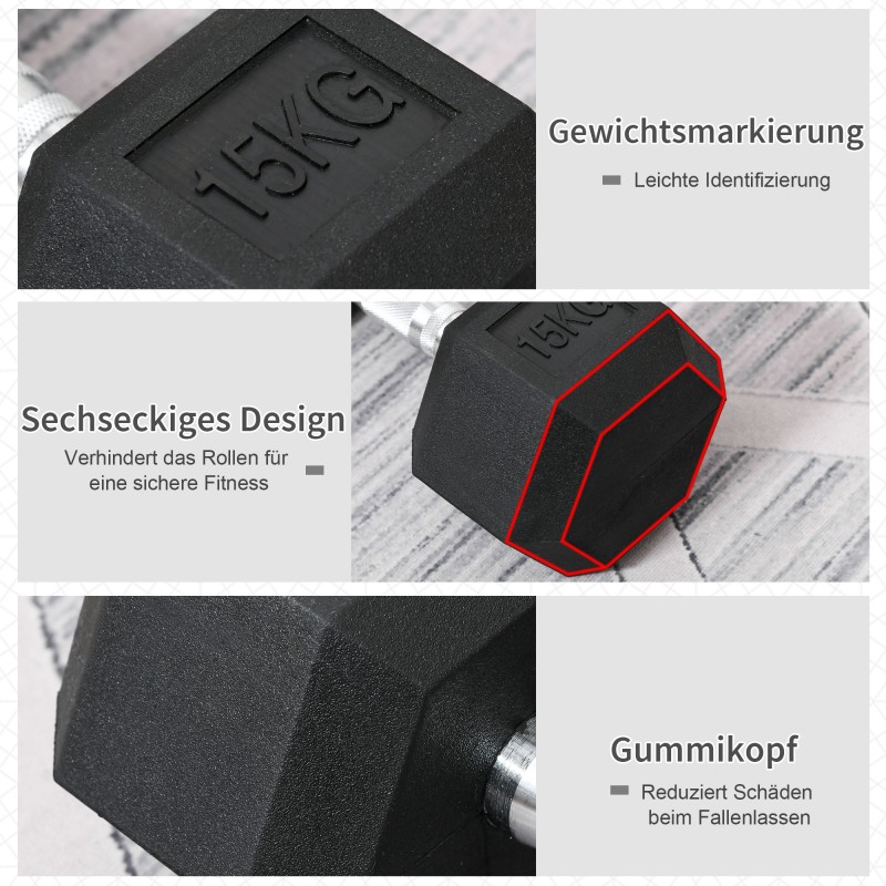 Käsipaino kuusikulmainen 15 kg, kumipäällysteinen valurauta, rihloitettu metallikahva, musta