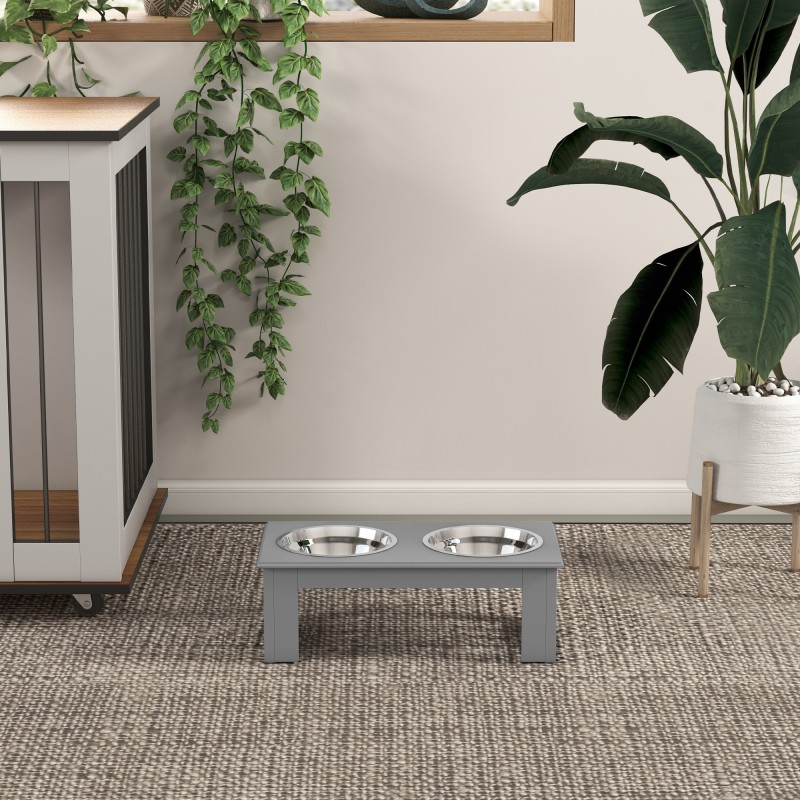 Koiran ruokailutaso kahdella ruostumattomasta teräksestä valmistetulla kulholla 44x24x15 cm 0,9 l harmaa