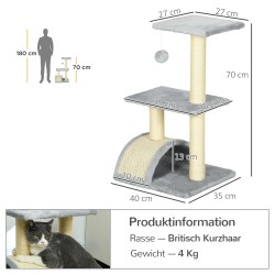 Kissan raapimispuu torni 72 cm, sisalpylväät ja plyysi, pienille kissoille, vaaleanharmaa
