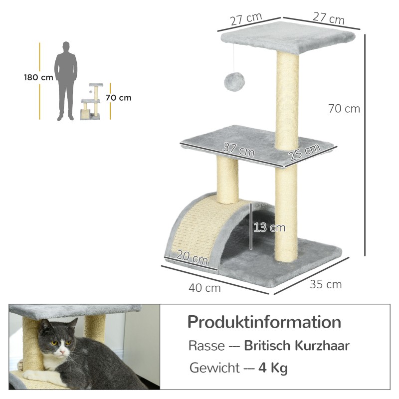 Kissan raapimispuu torni 72 cm, sisalpylväät ja plyysi, pienille kissoille, vaaleanharmaa