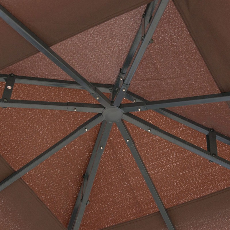 Puutarhapaviljonki moskiittoverkoilla, teräsrunko, kaksikerroksinen katto, 2,97 x 2,97 m, ruskea-valkoinen-harmaa