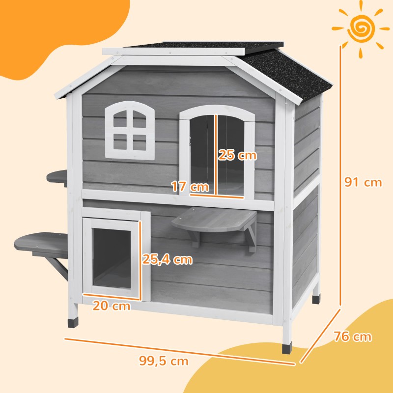 Kissatalo ulko- ja sisäkäyttöön 2-kerroksinen kuusipuusta 99,5 x 76 x 91 cm harmaa-valkoinen